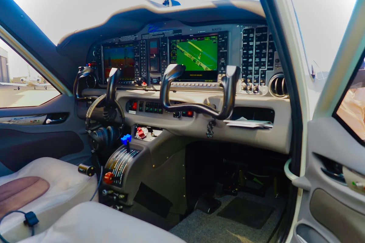 Instrument panel and controls in a business aircraft cockpit